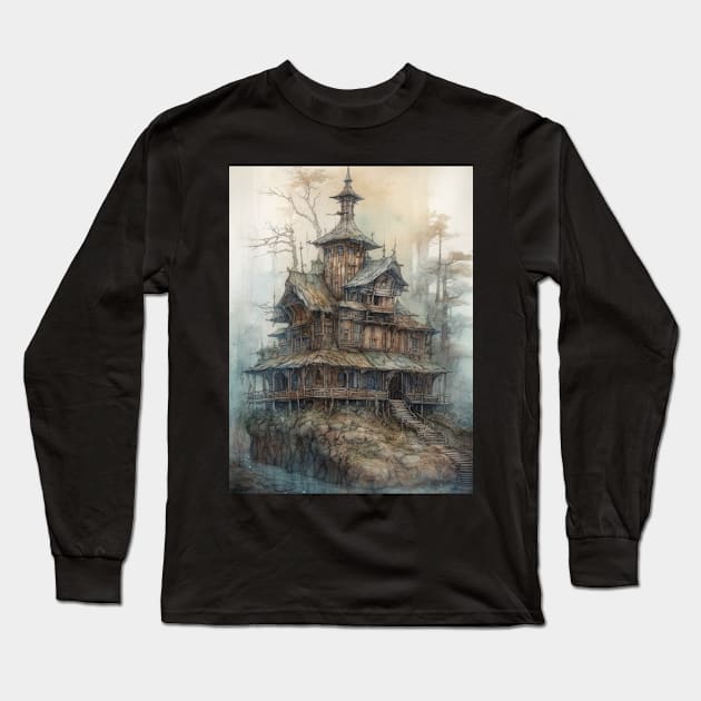 Gothic Futurism House in the Old Ancient Woods Long Sleeve T-Shirt by podartist